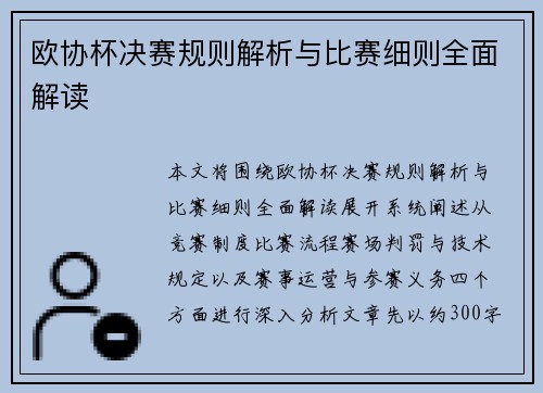 欧协杯决赛规则解析与比赛细则全面解读